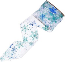Wired Christmas Wrapping Ribbon Glitter Snowflake Pattern Decorative 2.5InX 10yd