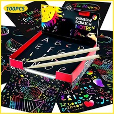100PCS Rainbow Scratch Mini Notes Paper Pad Cards With Drawing Stencil Children