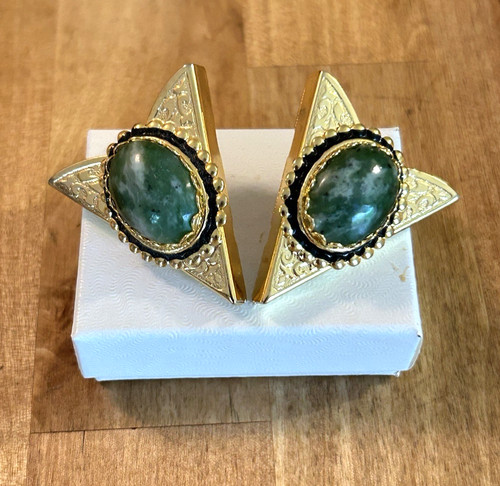 VTG Western Cowboy Screw On Gold Tone COLLAR TIPS Oval Marbled Green Stone USA