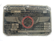 CONTINENTAL MODEL A 65-8 AIRPLANE/AIRCRAFT ENGINE/MOTOR DATA TAG/PLATE ONLY