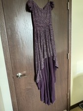 Windsor Purple Glitter Hi-Low Off Shoulder Formal Dress XS