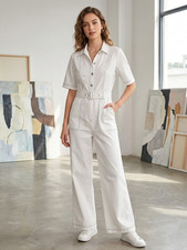 Short-Sleeve Belted Coverall / Jumpsuit White, Sample, Size S