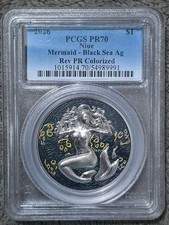 PCGS 2026 Niue Mermaid Black Sea colori 1oz Silver Rev PR/PR70 ULTRA HIGH RELIEF