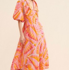 Farm Rio X Anthropologie Pink Tropical Palm Leaves Midi Dress Resort Beach Small