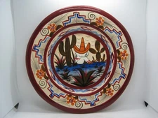 Tonala Mexican Folk Art Pottery Plate Plaque Dish, Cactus, Sleeping Man