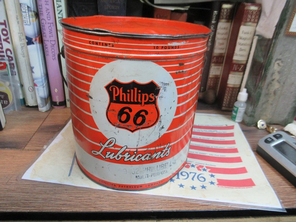 Lubricante Phillips 66 vintage VACÍO 10 libras grasa publicidad lata philube Foto 3 de 4