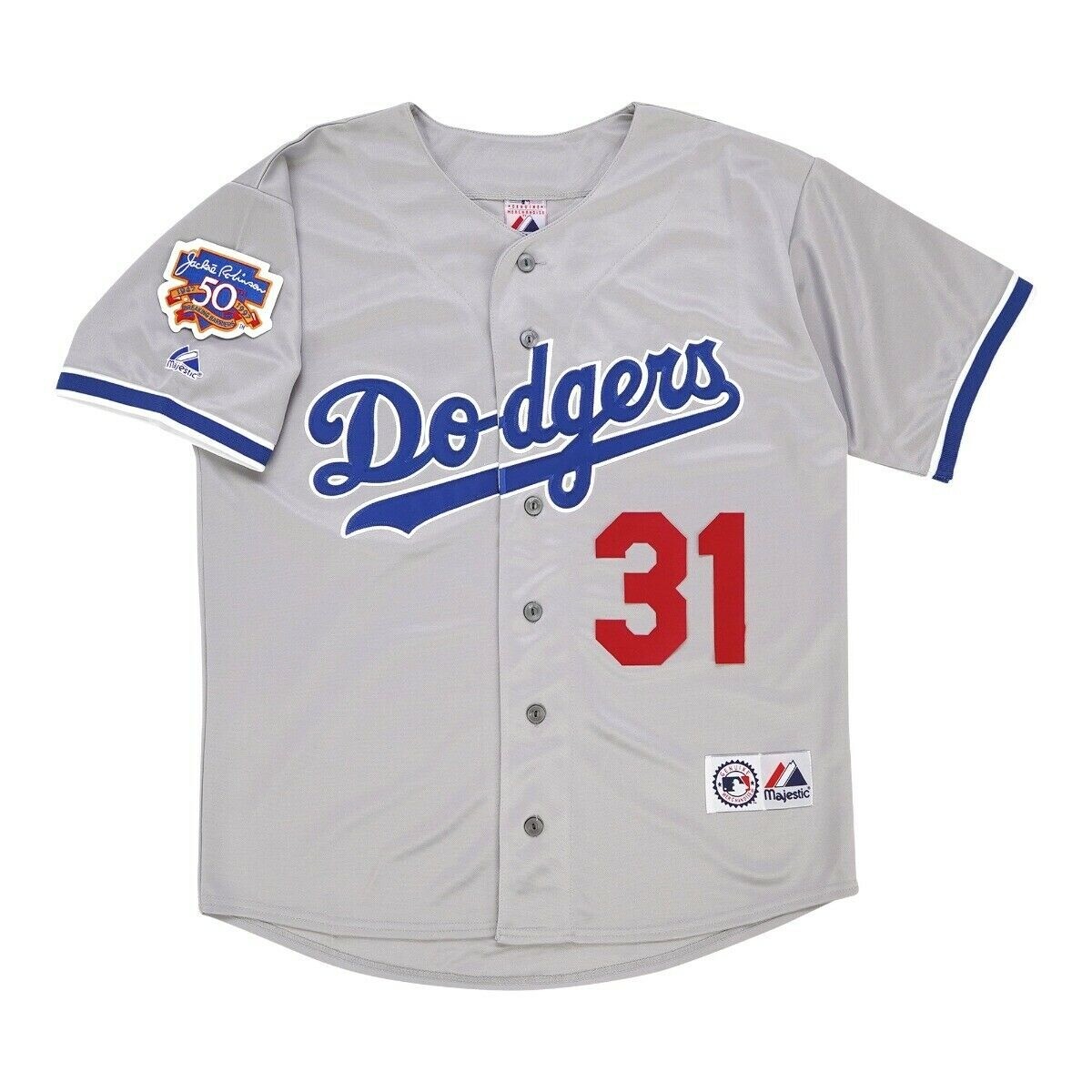Dodgers 50周年記念 Piazzza ベースボールシャツ Mike Piazza 1997 Los Angeles Dodgers Road Jersey w/ Jackie