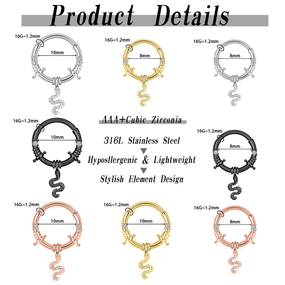 Steel Hinged Nose Ring CZ Dangle Septum Clicker Earrings Daith Hoop Piercing 16G - Image 4 of 4