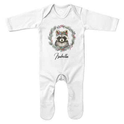 Personalisierter Waschbär Weihnachtskranz Strampler Baby Xmas Mädchen Junge Festlich...