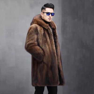 Winter Hood Mens Faux Mink Fur Mid Long Coat Overcoat Outwear New American Style