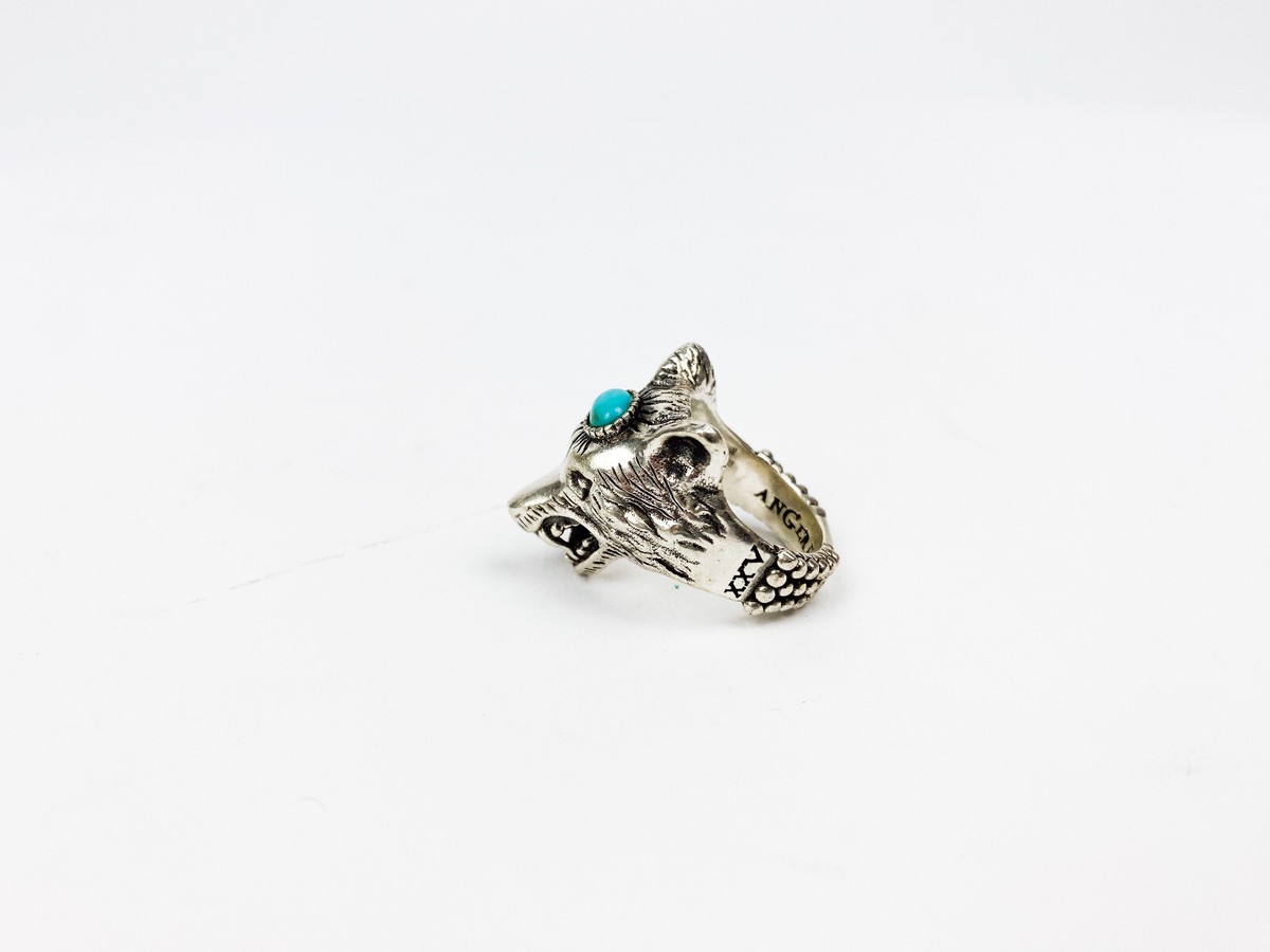 GUCCI Anger Forest Wolf's Head Sterling Silver 925 Ring Turquoise
