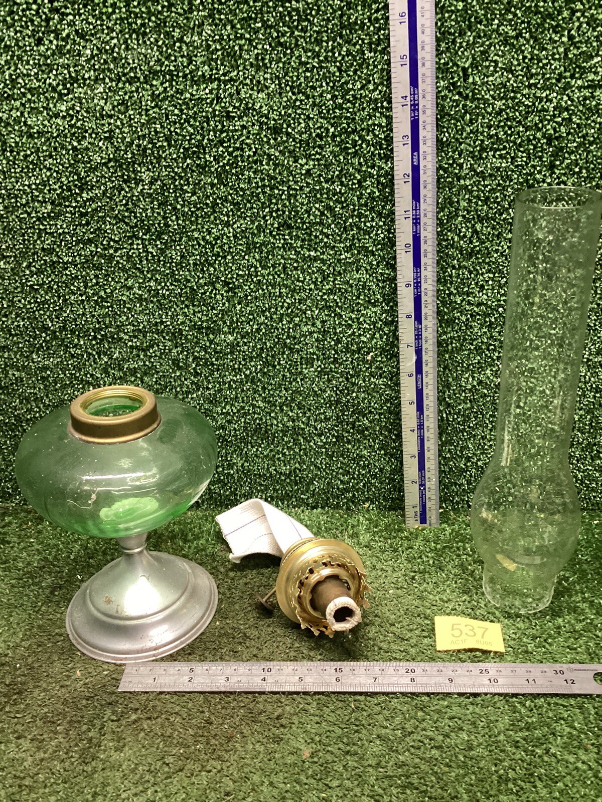 Vintage Original Green Glass Oil / Paraffin Lamp With Glass Chimney