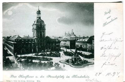 Germany AK Gruss aus Mannheim Das Kaufhaus u der Paradeplatz in Mondschein Cover