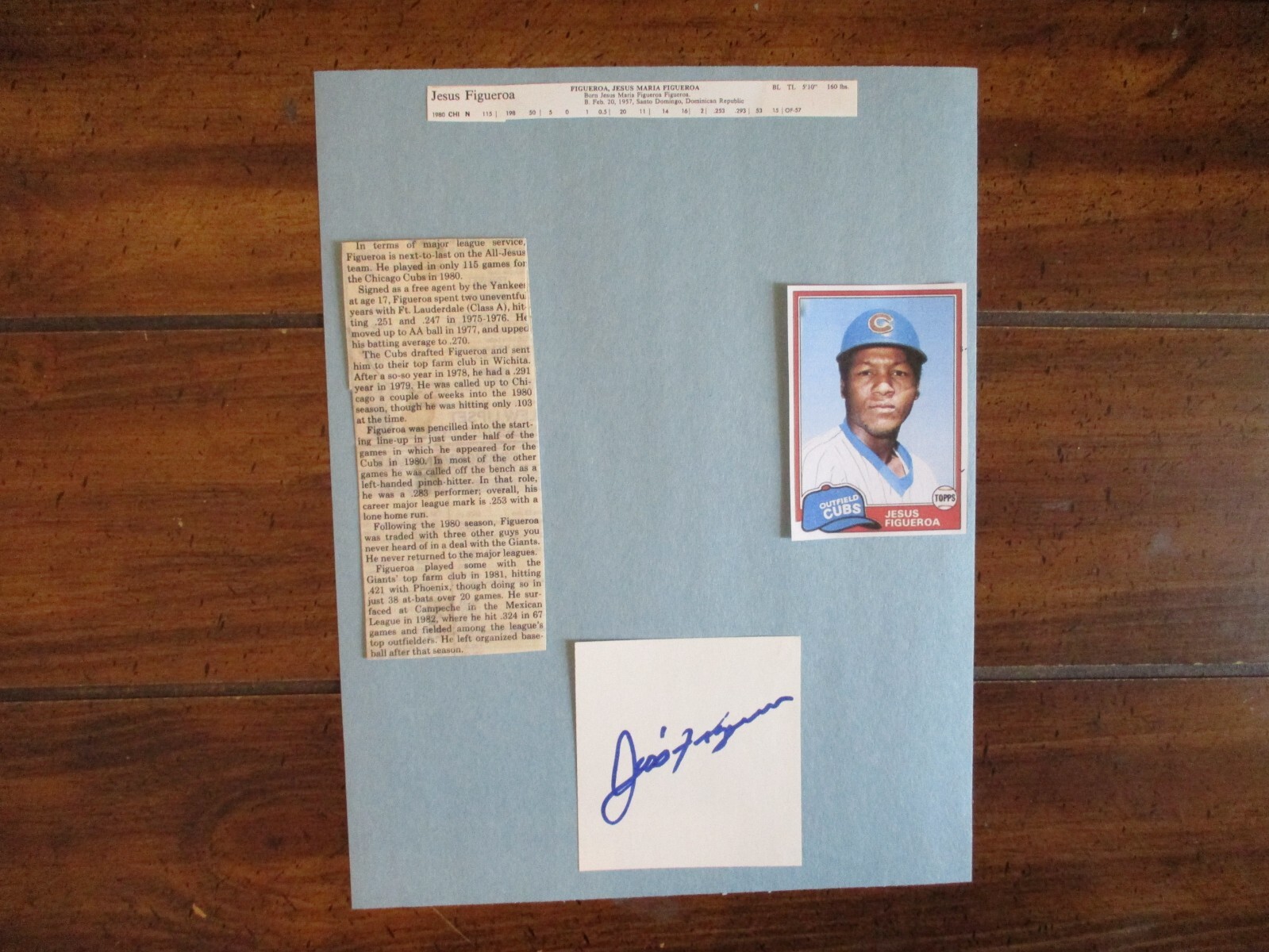 JESUS FIGUEROA (Chicago Cubs)Signed Trimmed Index Card w/8 x 11 Display  w/Photo