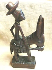 Vintage AFRICAN Primative WOOD STATUE Man on Donkey Side-Saddle - Signed SPIERRE