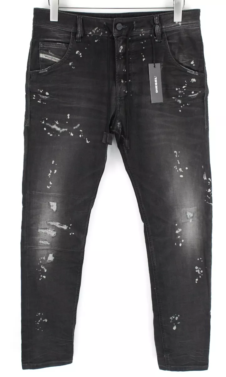 DIESEL Krooley CB-NE 094AE W32 Men Sweat Jogg Jeans Ripped Stretch Black Slim