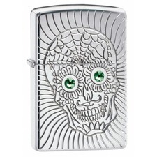 Zippo Lighter Swarovsky Armor Deep Carved Skull High Polish Chrome 49172