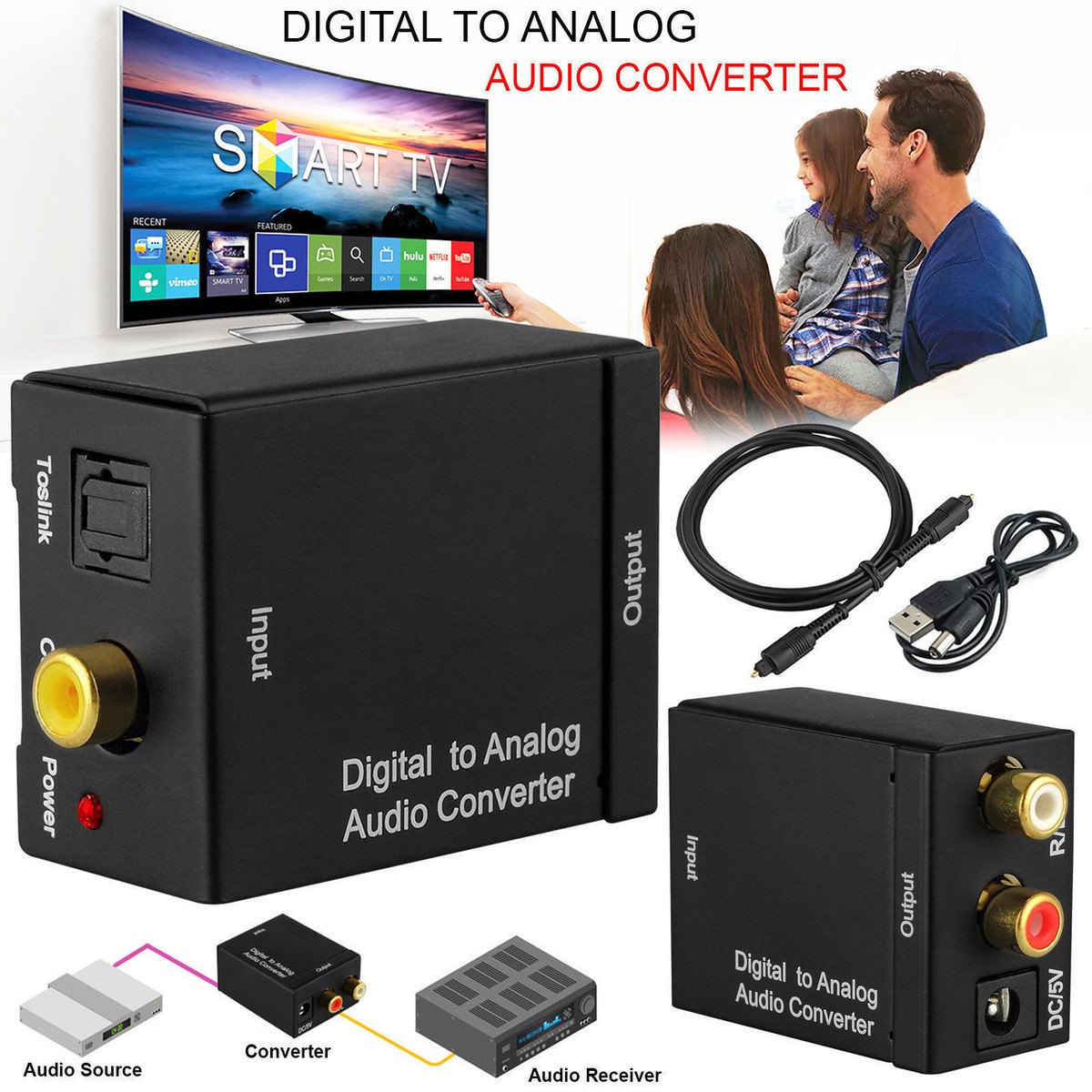 Coaxial/Toslink Digital to Analog RCA Audio Converter Box for TV