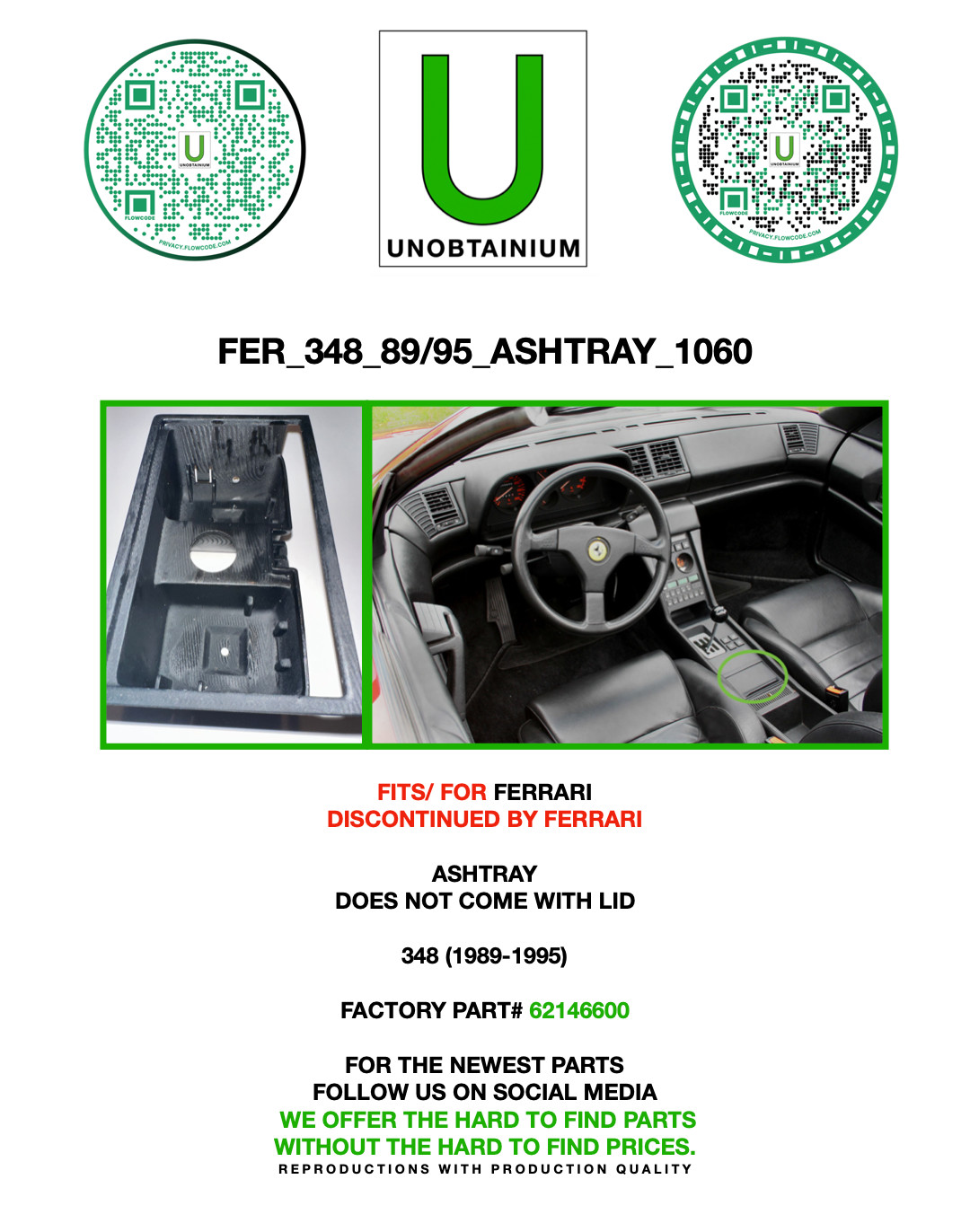 FITS/FOR FERRARI 348 (1989-1995) ASHTRAY PART# 62146600