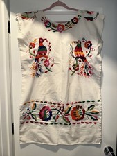Oaxaca Mexico Dress Women One Size Beige Embroidered Florals Bird Handmade Vtg