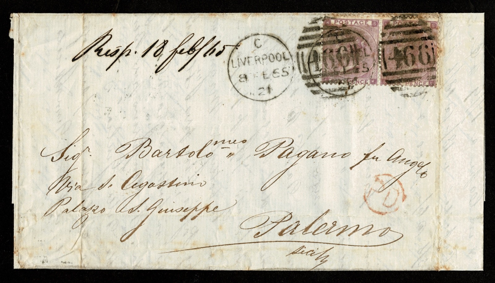 GB QV cover 1865 SG85 6d lilac pl4 hairlines x2 Liverpool duplex to Palermo