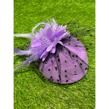 Purple Fascinator Hat with Flower Feathers Pearls and Polka Dot Veil Clip