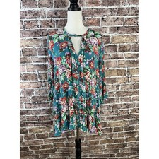 Umgee USA Womens Tunic Top Teal Floral 3/4 Sleeve Keyhole Neckline Size L