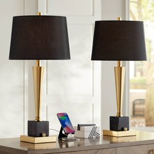 Wayne Modern Table Lamps 29 1/4" Tall Set of 2 Brass USB Black Shade for Bedroom