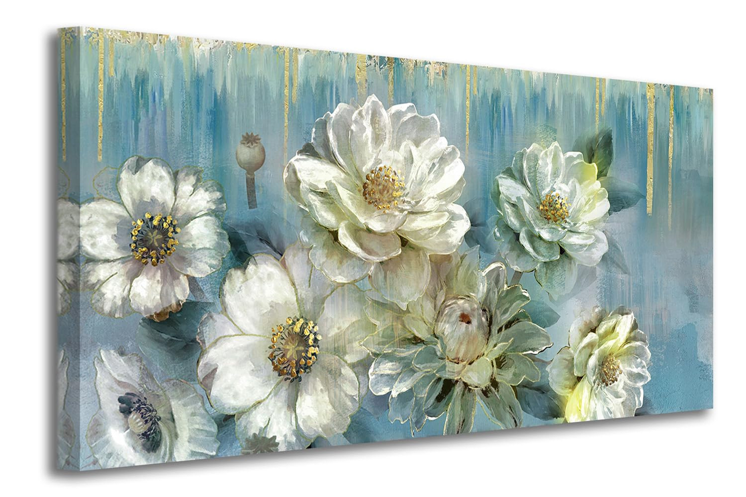 Teal Magnolia Floral Textured Canvas Wall Art Painting