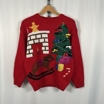 VTG Hastings & Smith Red Christmas Women's Small Sweater - Tree Fireplace Dog