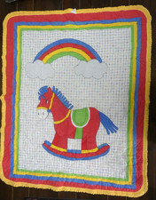 VTG Handmade Baby Blanket Quilt Nursery Rocking Horse Rainbow Ruffle 42" x 34"