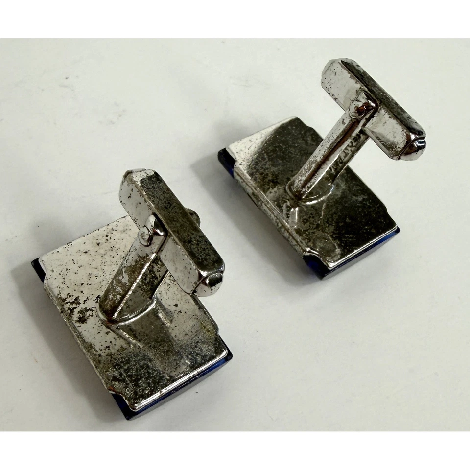 Vintage Anson Sterling Silver Engraved Cufflinks and Tie Clip Set Blue Stone - Image 3 of 4