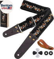 Guitar Strap, Flower Embroidery Guitar Straps with Head Cowhide Leather Ends for