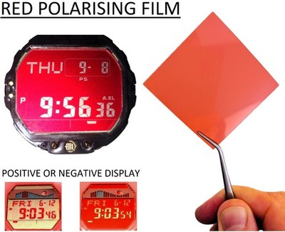 Red polarising film for digital watch mods. Dimensions: (50mm x 50mm)  (2'' x 2'')