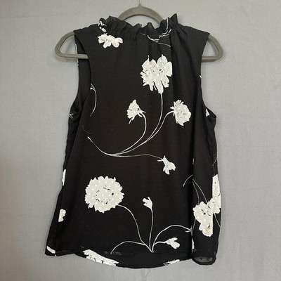 Gibson Blouse Womens Petite Small Black White Floral Swiss Dot Tie Neck HMP8467