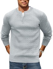 Men's Knit Henley Sweater Long Sleeve Button Down Fall Large Light Grey