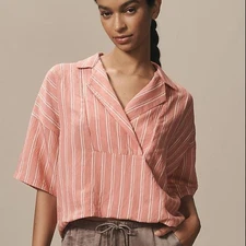 Anthropologie The Dylon Short-Sleeve Wide-Placket Top: Striped Edition S