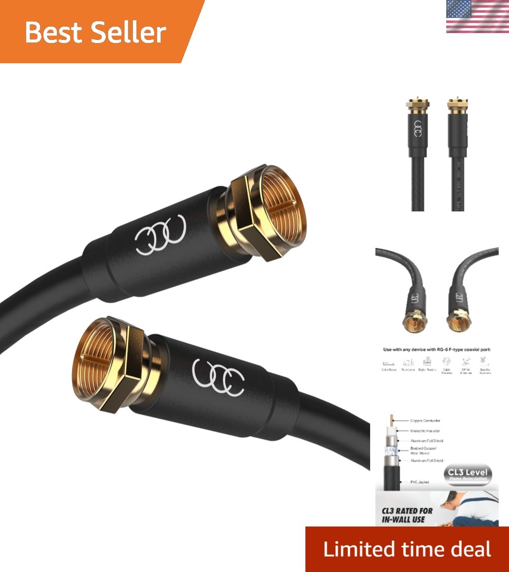 6FT RG6 Coaxial Cable with F Connector - Durable Weatherproof for Indoor Outdoor Use