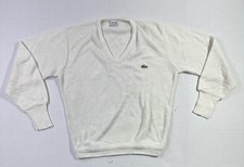 Vintage IZOD Lacoste Sweater White V-Neck Croc Logo 19x25 Pullover USA Made
