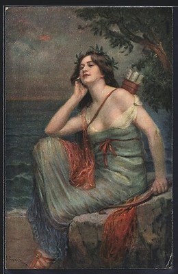 Künstler-AK sign. Prof. G. Papperitz: Diana, Am Strand mit Bogen in der Hand un 