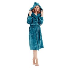 Women's Warm Hooded Fleece Bathrobe Cozy Long Spa Robes Large-X-Large Sea Blue