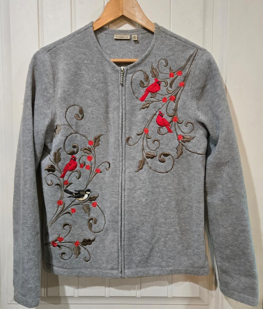 Croft & Barrow Size PS Fleece Full Zip Cardigan Sweater Embroidered Cardinals