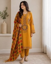 Women  s Yellow Embroidered Kurta/Kurti with Printed Matching Dupatta, Size L
