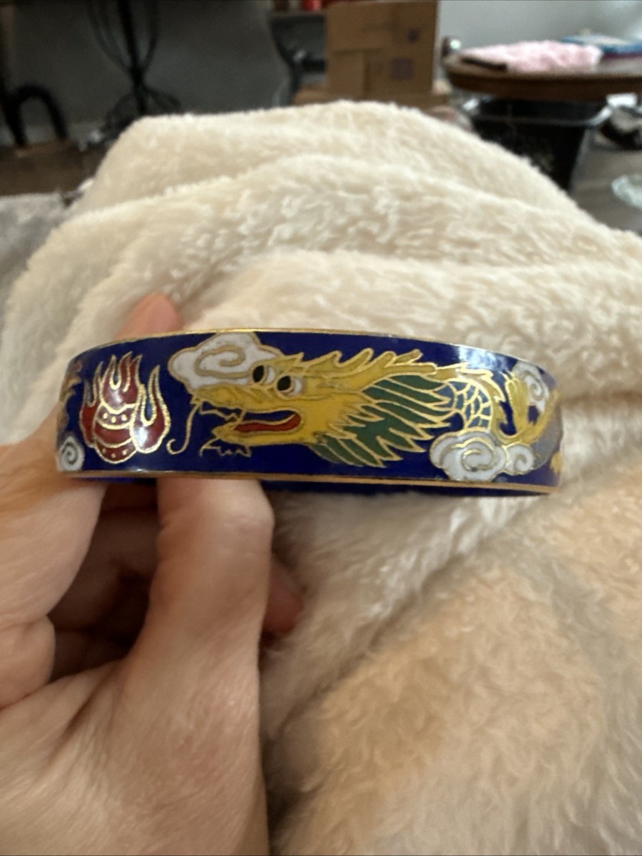 Chinese Dragon And Rooster Cloisonne Bangle Vintage Electric Blue Enamel
