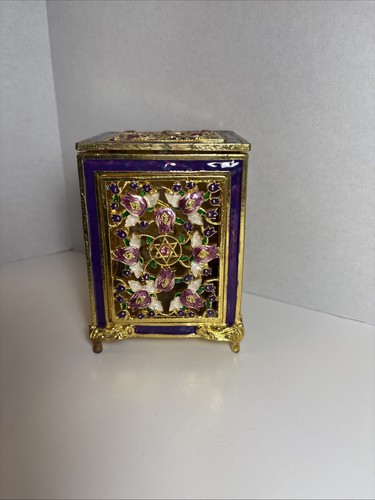 Elegant Floral Tzedakah Charity Box Hand Painted Enamel Set w/ Swarovski Crystal