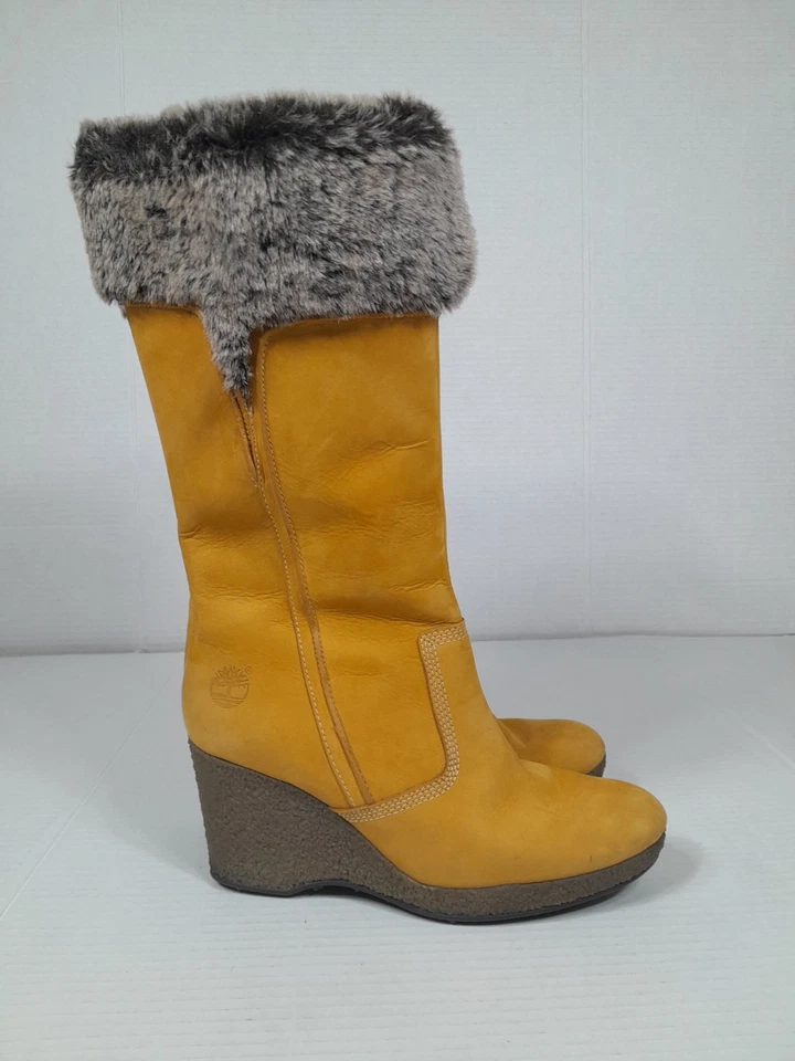 Timberland Calf High Wedge Boots Women 7.5M Tan Faux Fur Lined Vintage Y2k - Image 2 of 4