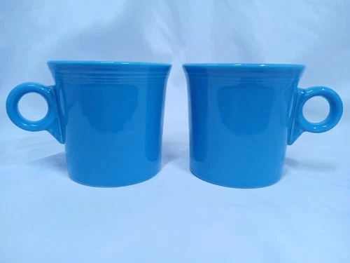 Fiesta Ware MUG COFFEE CUPS Peacock Blue Ring Handle Homer Laughlin HLC USA 2qty