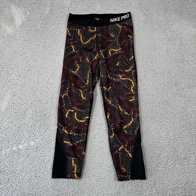 Nike Dri Fit Pro Tropical Leaf Floral Black Red Leggings Size Medium