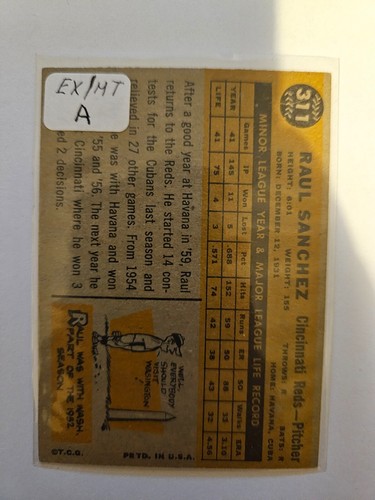 1960 TOPPS RAUL SANCHEZ #311A EX/MT COMBINED SHIPPING - Picture 2 of 2