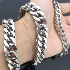 14mm Silver Stainless Steel Cuban Curb Link Chain Necklace or Bracelet for Men